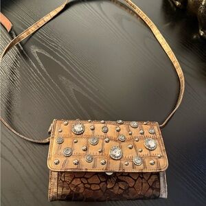 Brown Studded Shoulder Bag with Textured Leather